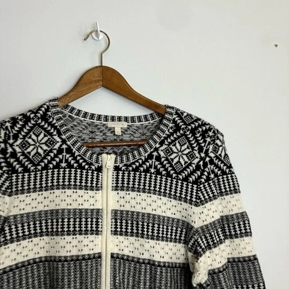 Talbots Fair Isle Nordic Black White Front Zip Round Neck Cardigan Sweater - Picture 5 of 9